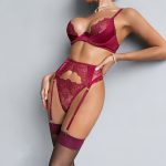Wine Red Women's Sheer Lace Lingerie Set - Image 3